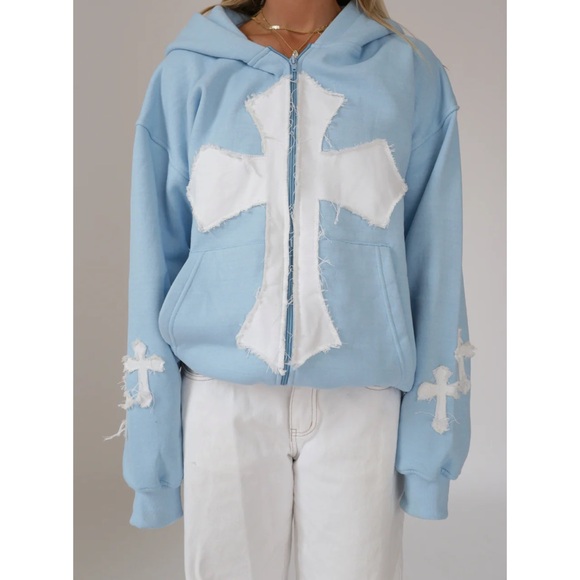 Jackets & Blazers - Light Blue Zip-Up Hoodie with White Cross Appliqués